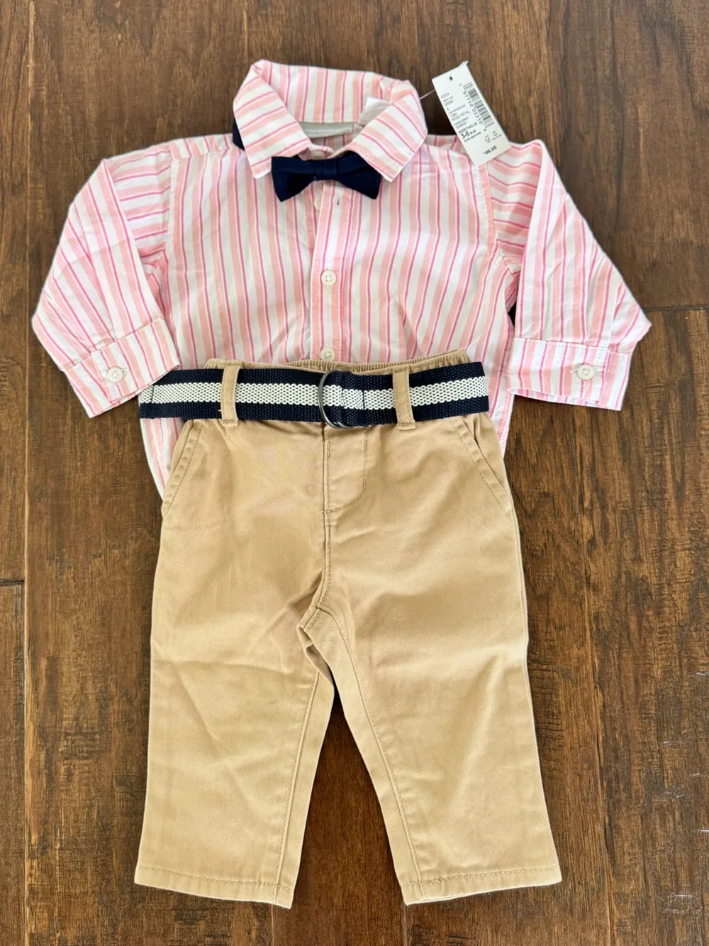 The Children's Place Pink & White Striped Button-Up Bodysuit with Navy Bow